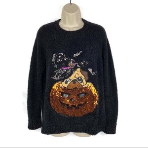 Halloween Black Sweater with Sequined Pumpkin With Puppy size Small NWT